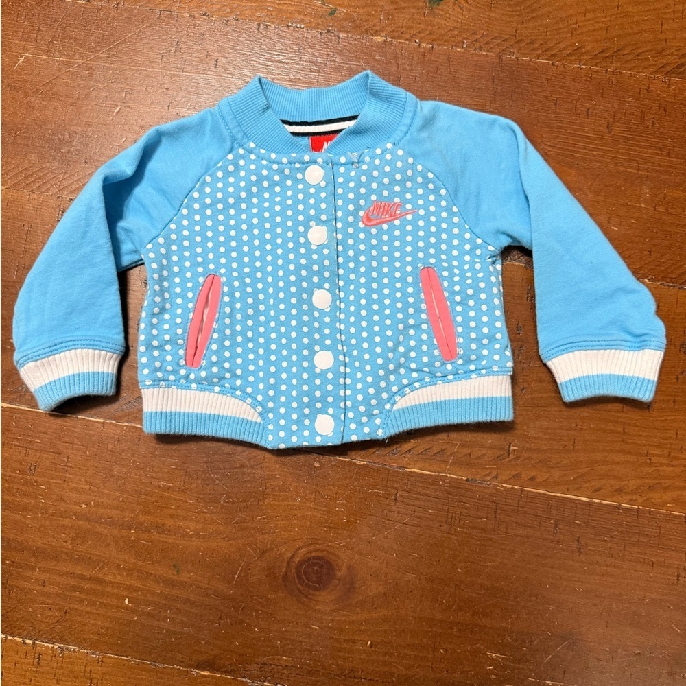 Nike Light Blue Polka Dot Jacket with White Trim Baby Girl 3-6 months